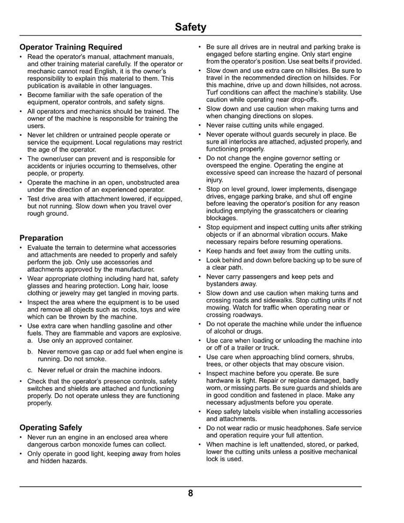 Puede incluir: Una p&aacute;gina de un manual de seguridad con el t&iacute;tulo "Seguridad". El texto proporciona instrucciones sobre la capacitaci&oacute;n del operador, la preparaci&oacute;n y el funcionamiento seguro de la maquinaria, incluidas advertencias sobre peligros y procedimientos adecuados.