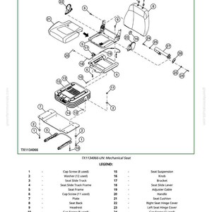 May include: Diagram of a mechanical seat, labeled with numbers and names for each part. Includes cap screws, washers, seat slide tracks, seat frames, a headrest, and a seat belt. The diagram is labeled TX1134066-UN.