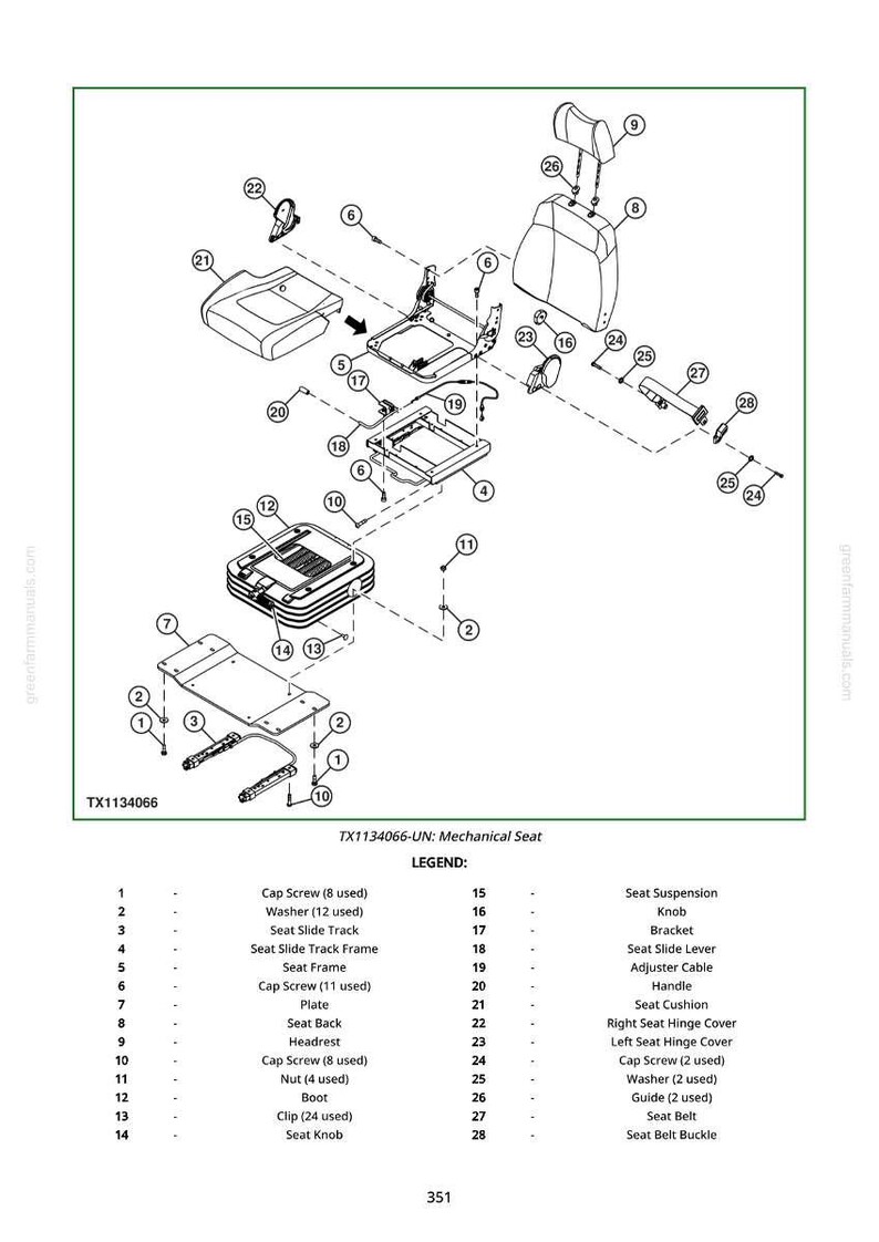 May include: Diagram of a mechanical seat, labeled with numbers and names for each part. Includes cap screws, washers, seat slide tracks, seat frames, a headrest, and a seat belt. The diagram is labeled TX1134066-UN.
