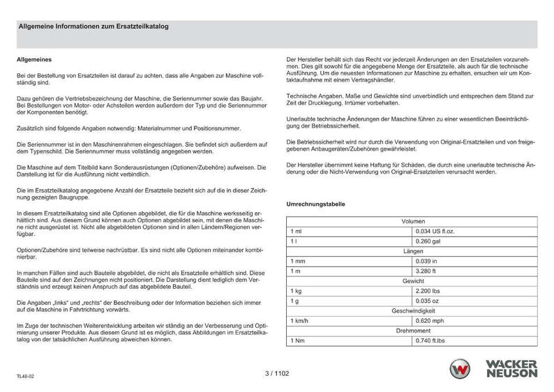Pu&ograve; includere: Una pagina di un catalogo ricambi con testo in tedesco, comprese tabelle di conversione per volume, lunghezza, peso, velocit&agrave; e coppia. Il catalogo presenta il logo Wacker Neuson ed &egrave; etichettato "Allgemeine Informationen zum Ersatzteilkatalog."