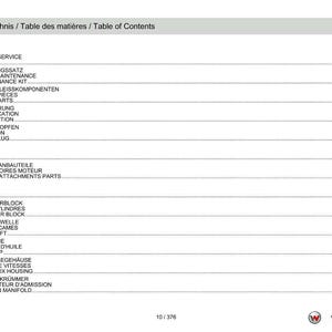 Puede incluir: Un documento blanco y gris titulado "Tabla de contenidos" con una lista de piezas de autom&oacute;viles en ingl&eacute;s, franc&eacute;s y alem&aacute;n. El documento incluye un logotipo de Weidemann.
