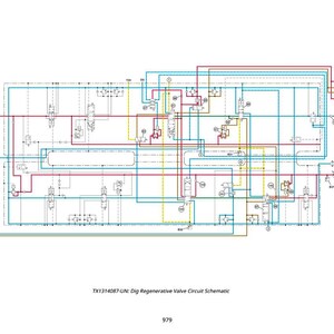 Peut inclure: Sch&eacute;ma d&eacute;taill&eacute; d'un circuit de vanne r&eacute;g&eacute;n&eacute;rative, avec un r&eacute;seau complexe de lignes rouges, bleues, jaunes et marron. Le sch&eacute;ma comprend divers symboles et &eacute;tiquettes, avec le texte "TX1314087-UN: Dig Regenerative Valve Circuit Schematic" en bas.