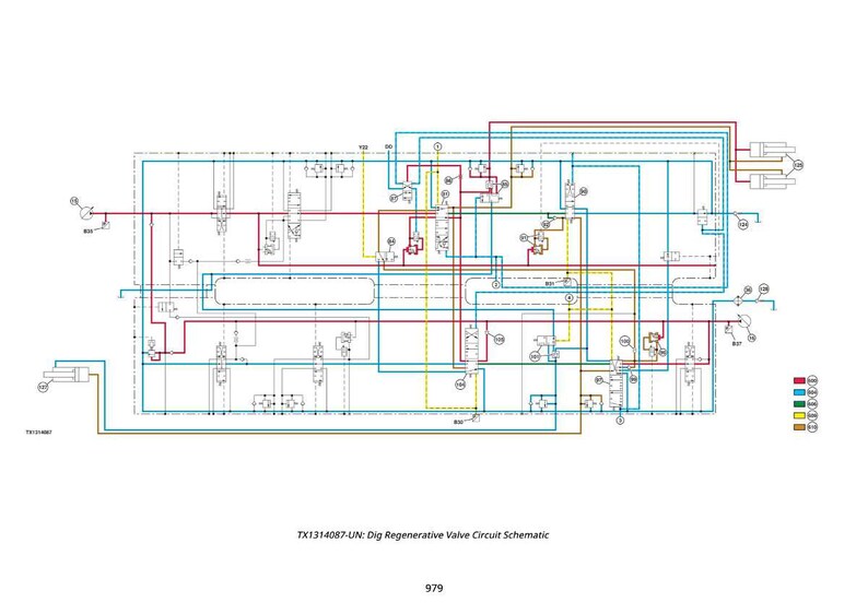 Peut inclure: Sch&eacute;ma d&eacute;taill&eacute; d'un circuit de vanne r&eacute;g&eacute;n&eacute;rative, avec un r&eacute;seau complexe de lignes rouges, bleues, jaunes et marron. Le sch&eacute;ma comprend divers symboles et &eacute;tiquettes, avec le texte "TX1314087-UN: Dig Regenerative Valve Circuit Schematic" en bas.