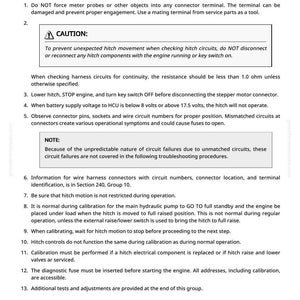 May include: White document with "Hitch Troubleshooting Tips" title and numbered instructions. Includes a "CAUTION" notice about unexpected hitch movement and a "NOTE" about circuit failures. Text is black on a white background.
