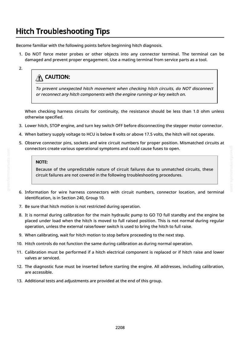 May include: White document with "Hitch Troubleshooting Tips" title and numbered instructions. Includes a "CAUTION" notice about unexpected hitch movement and a "NOTE" about circuit failures. Text is black on a white background.