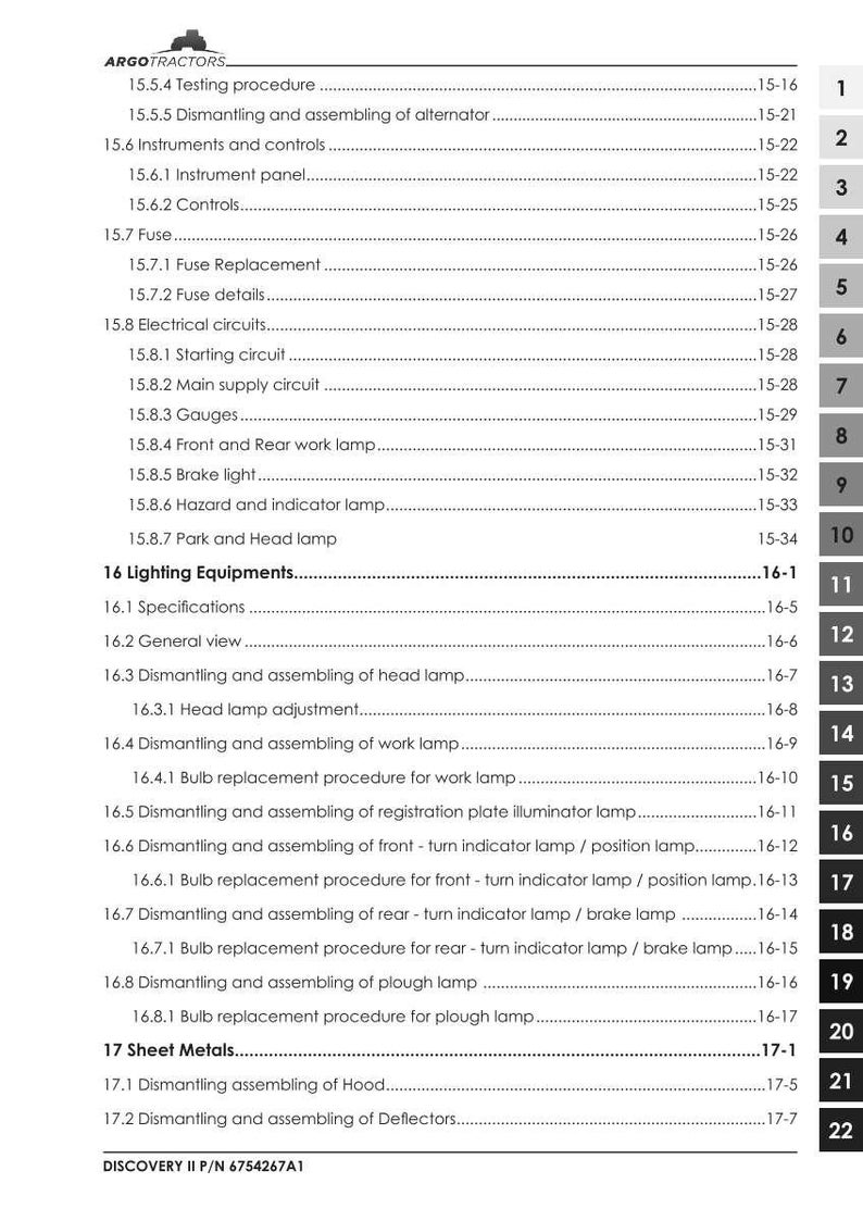 May include: A detailed table of contents from a manual for ARGO Tractors. The document lists various procedures, including testing, dismantling, and assembling components like the alternator, headlamps, and work lamps. The page is white with black text.