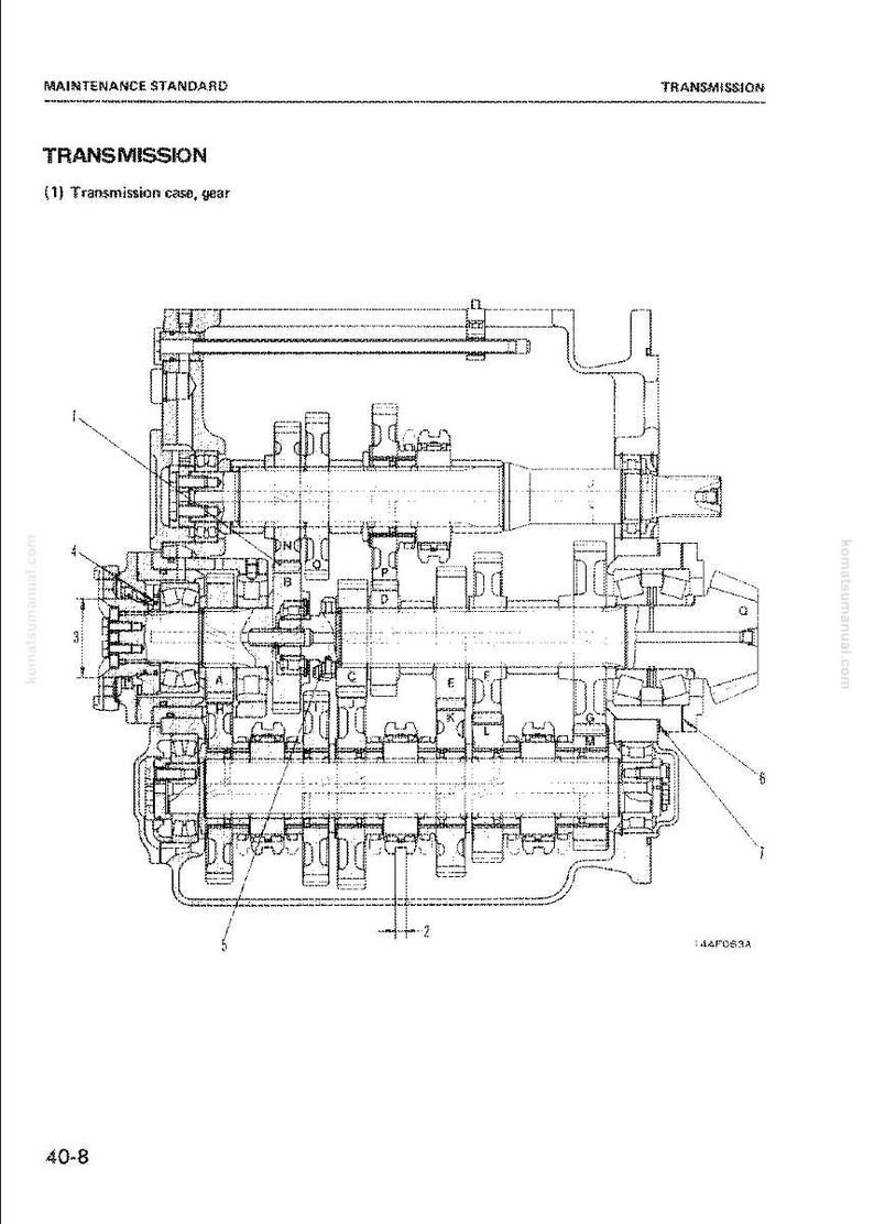 May include: Diagram of a transmission case and gear, labeled with numbers and letters. The image is a technical drawing with the words "TRANSMISSION" and "MAINTENANCE STANDARD" at the top. The diagram is in black and white.
