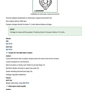 May include: Diagram of an alternator with the text "LX008266-UN: Alternator output terminal B+". Instructions for testing the alternator's output voltage are also included.