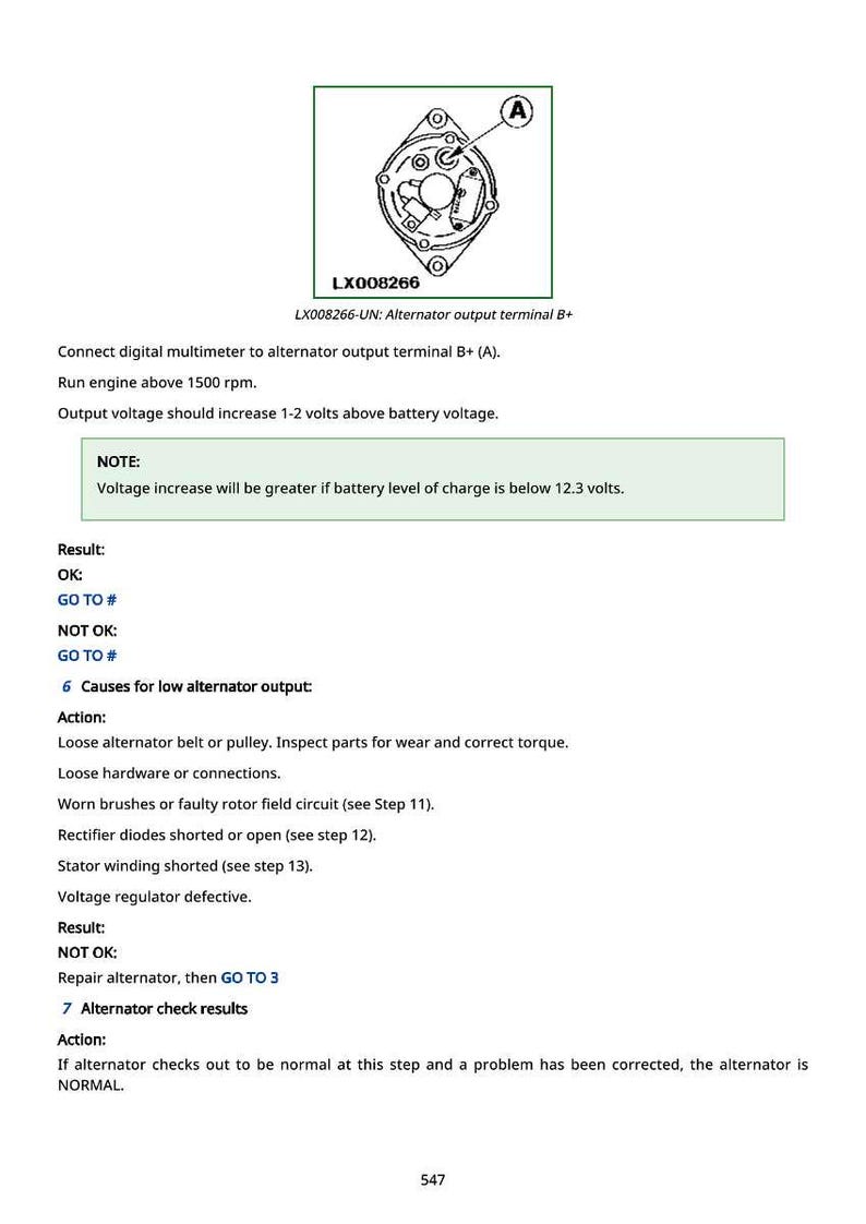May include: Diagram of an alternator with the text "LX008266-UN: Alternator output terminal B+". Instructions for testing the alternator's output voltage are also included.