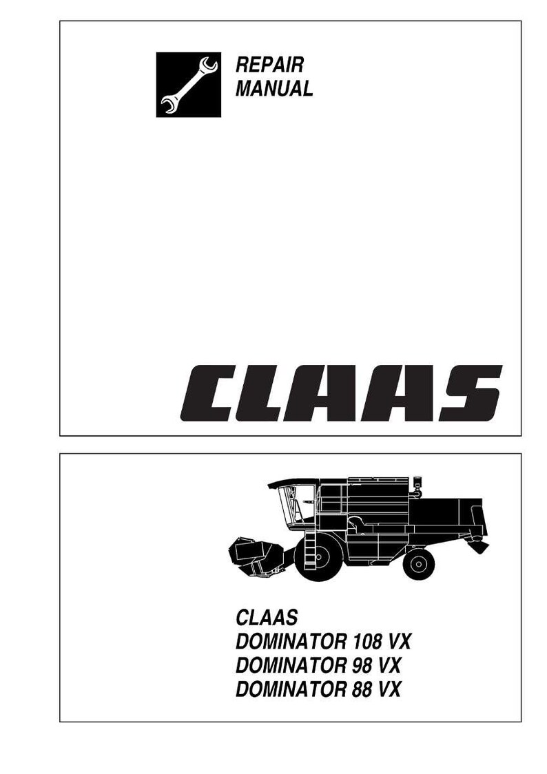 May include: A repair manual with the text "REPAIR MANUAL" and a wrench icon. The word "CLAAS" is displayed in bold, black letters. Below is a black and white illustration of a combine harvester, with the text "CLAAS DOMINATOR 108 VX, 98 VX, 88 VX."