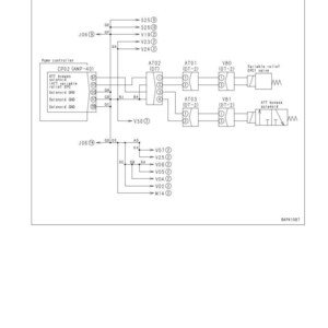 May include: A circuit diagram for Attachment Press EPC1 Adjustment, with text including "40 TROUBLESHOOTING" and "FAILURE CODE [DWPUKA]", featuring various components and labels. The diagram includes a pump controller and solenoid connections.