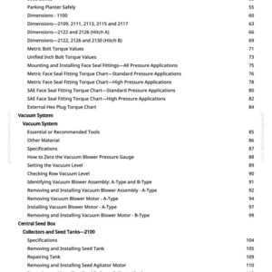 May include: A detailed table of contents from a manual, featuring sections on planters, vacuum systems, and seed tanks. The text is black on a white background, with page numbers and section titles.