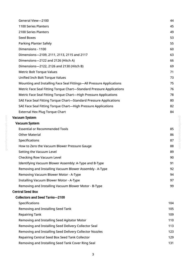 May include: A detailed table of contents from a manual, featuring sections on planters, vacuum systems, and seed tanks. The text is black on a white background, with page numbers and section titles.