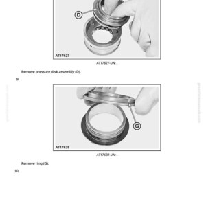 以下が含まれることがあります： 白黒の技術図で、機械部品の取り外しを示しています。画像には、スナップリングや圧力ディスクアセンブリなど、コンポーネントのテキストラベルと図が含まれています。