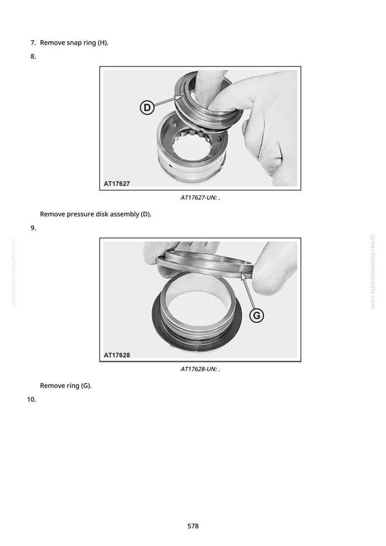 以下が含まれることがあります： 白黒の技術図で、機械部品の取り外しを示しています。画像には、スナップリングや圧力ディスクアセンブリなど、コンポーネントのテキストラベルと図が含まれています。