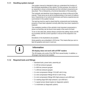 Op de afbeelding: Pagina uit een systeemhandleiding met informatie over voertuigmontage en probleemoplossing. De tekst bevat secties over het bedieningssysteem, informatie over 3D-weergave en een lijst met benodigde gereedschappen en fittingen, zoals manometers.
