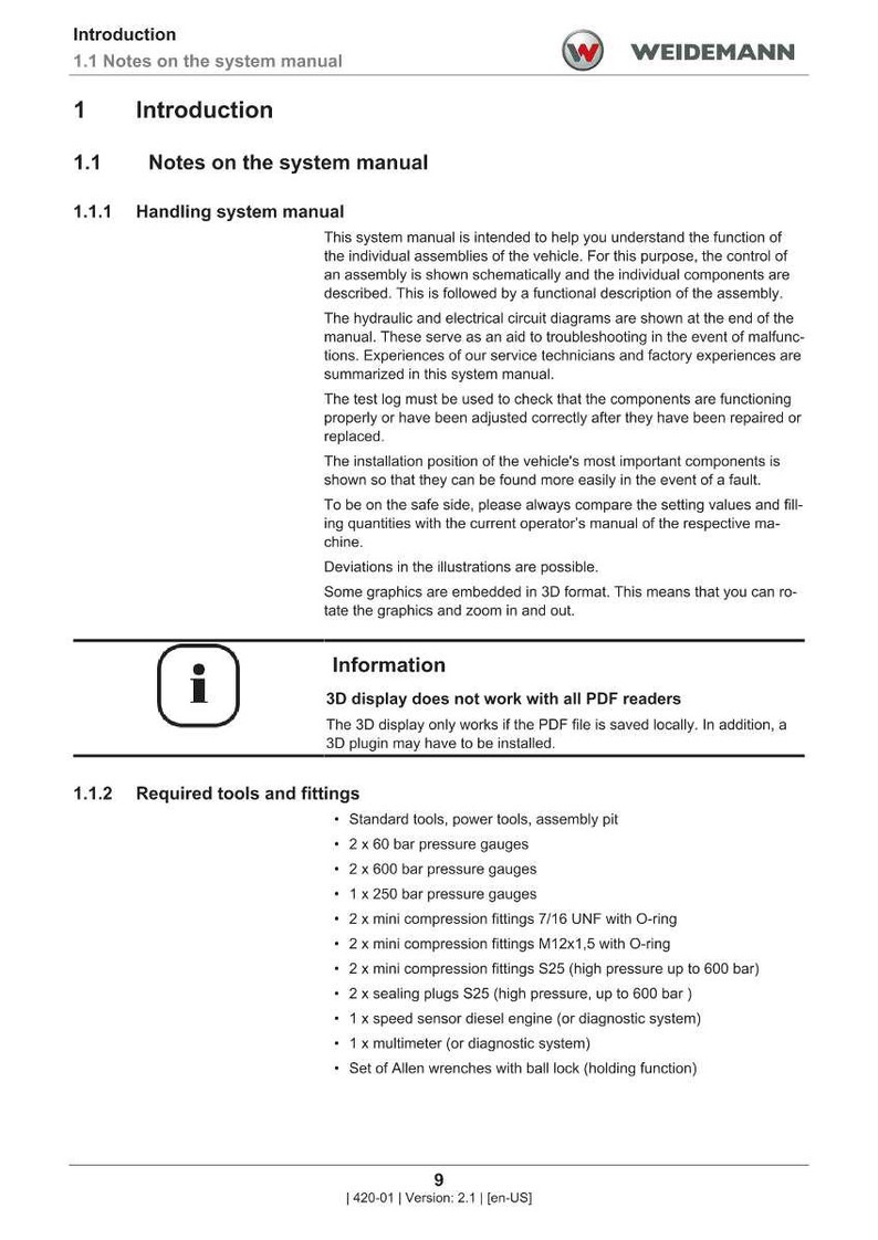 Op de afbeelding: Pagina uit een systeemhandleiding met informatie over voertuigmontage en probleemoplossing. De tekst bevat secties over het bedieningssysteem, informatie over 3D-weergave en een lijst met benodigde gereedschappen en fittingen, zoals manometers.