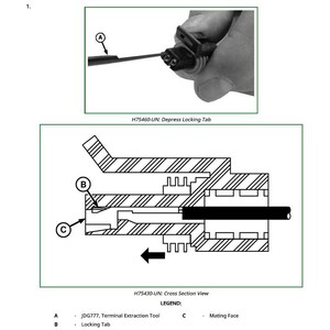 Peut inclure: Diagramme d'une proc&eacute;dure de r&eacute;paration, montrant comment retirer un contact d'un corps de connecteur. Comprend une vue en coupe et une photo en gros plan. Le texte comprend "Proc&eacute;dure de r&eacute;paration R-I" et "Retirer le contact du corps du connecteur".