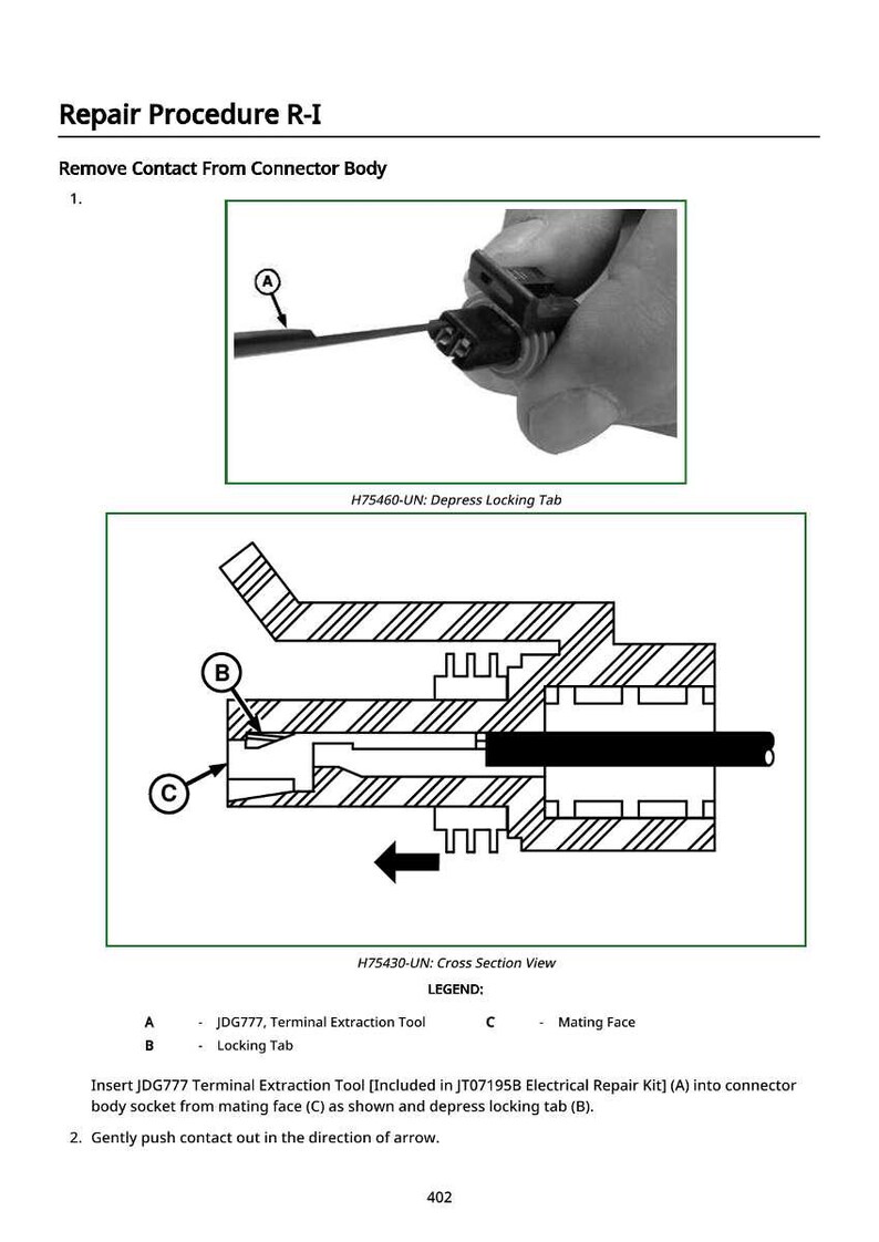 Peut inclure: Diagramme d'une proc&eacute;dure de r&eacute;paration, montrant comment retirer un contact d'un corps de connecteur. Comprend une vue en coupe et une photo en gros plan. Le texte comprend "Proc&eacute;dure de r&eacute;paration R-I" et "Retirer le contact du corps du connecteur".