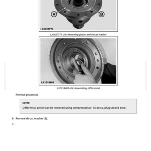 May include: Diagrams showing the disassembly and assembly of a differential. The top image shows a detailed view of the differential with labels A and B. The bottom image shows the differential being assembled. Text includes instructions for removing parts.