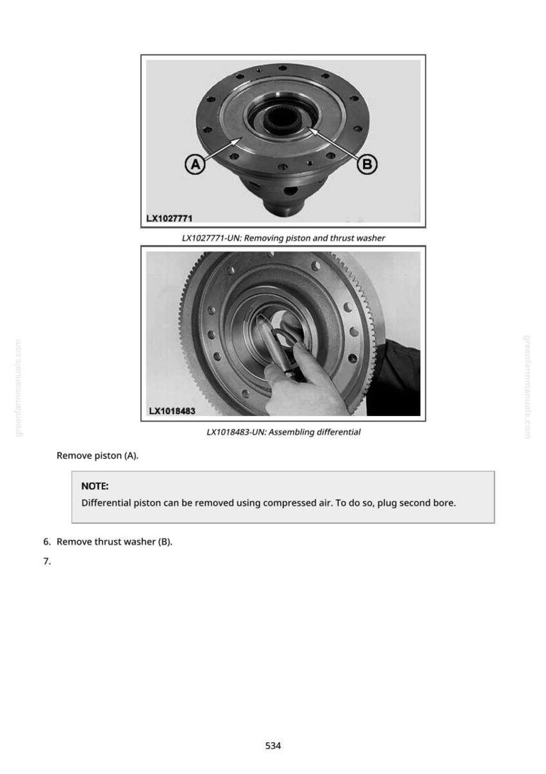 May include: Diagrams showing the disassembly and assembly of a differential. The top image shows a detailed view of the differential with labels A and B. The bottom image shows the differential being assembled. Text includes instructions for removing parts.