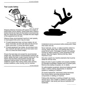 May include: A safety manual page with the title "Safety" and "Practice Safe Maintenance." It includes illustrations of a tractor towing equipment and a person falling. Text provides safety guidelines for towing and maintenance.