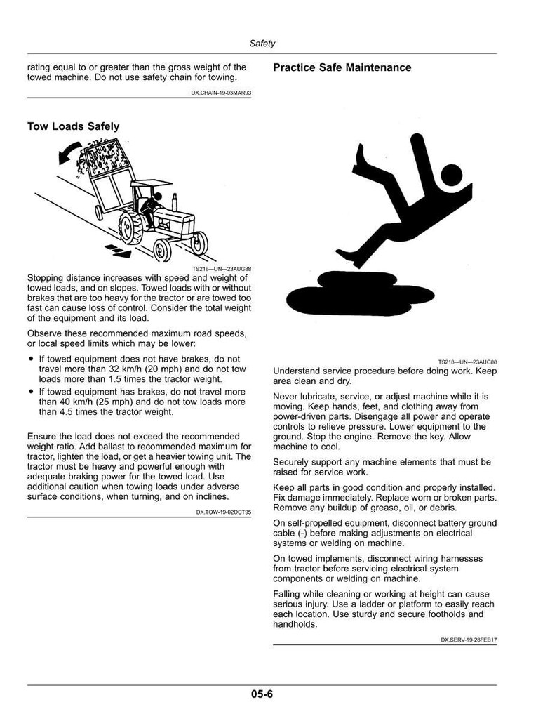May include: A safety manual page with the title "Safety" and "Practice Safe Maintenance." It includes illustrations of a tractor towing equipment and a person falling. Text provides safety guidelines for towing and maintenance.