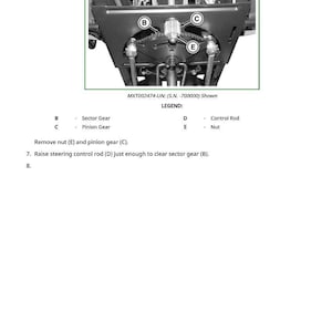 May include: Diagram of mechanical components, including a sector gear, pinion gear, control rod, and nut. The image includes labels and a legend for identification. Text instructions are also present.