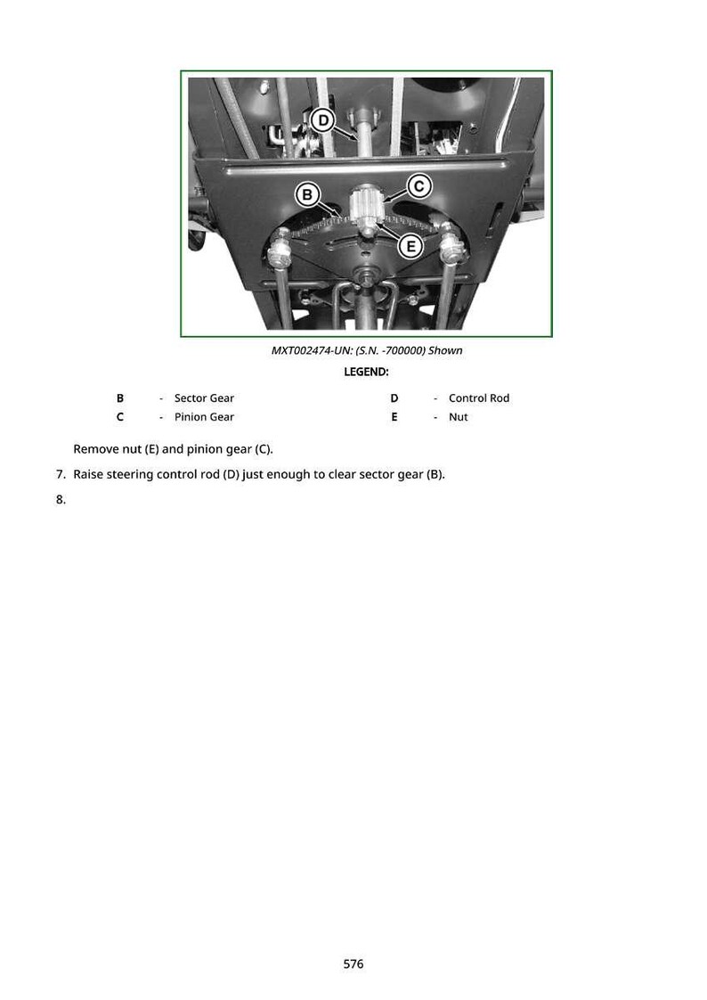 May include: Diagram of mechanical components, including a sector gear, pinion gear, control rod, and nut. The image includes labels and a legend for identification. Text instructions are also present.