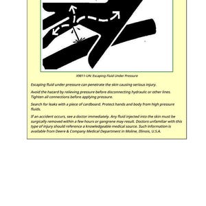 May include: A safety notice with the heading "CAUTION:" and the title "Escaping Fluid Under Pressure." The image shows a hand with arrows illustrating fluid escaping. The text warns of potential injury and provides safety advice, including seeking medical attention.