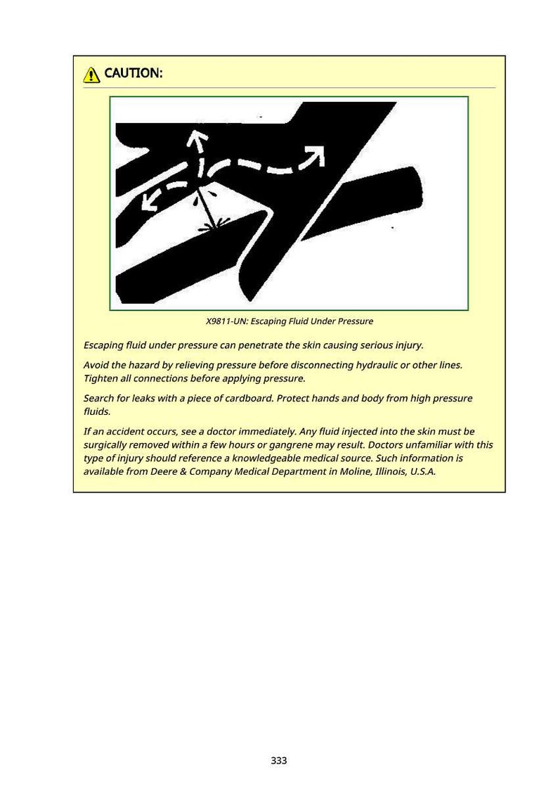 May include: A safety notice with the heading "CAUTION:" and the title "Escaping Fluid Under Pressure." The image shows a hand with arrows illustrating fluid escaping. The text warns of potential injury and provides safety advice, including seeking medical attention.