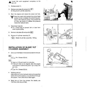 May include: A technical diagram with instructions for removing and installing a blade tilt cylinder assembly. The text includes steps, diagrams, and measurements in kilograms. The document is from a Komatsu manual.