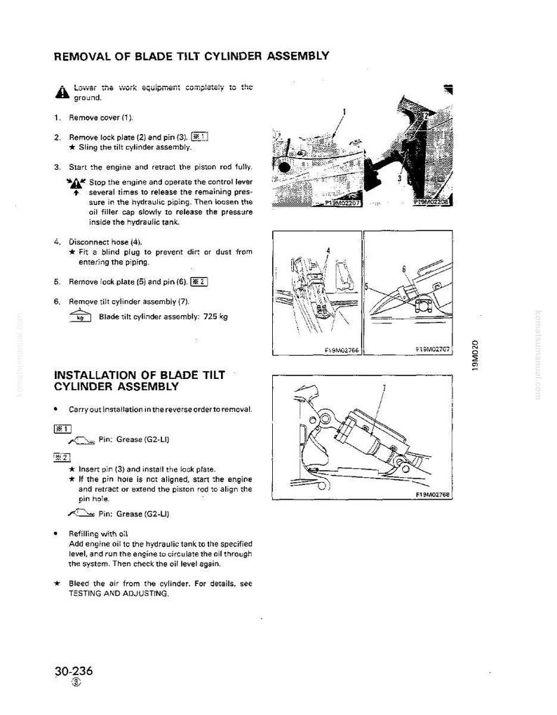 May include: A technical diagram with instructions for removing and installing a blade tilt cylinder assembly. The text includes steps, diagrams, and measurements in kilograms. The document is from a Komatsu manual.