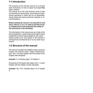 Op de afbeelding: Een pagina uit een handleiding met de titels "Introduction" en "Sect. 1 - Reading the manual." De tekst legt het doel van de handleiding, de structuur en veiligheidsinstructies voor Rex-tractoren uit. Voorbeelden van paginanummering zijn opgenomen.