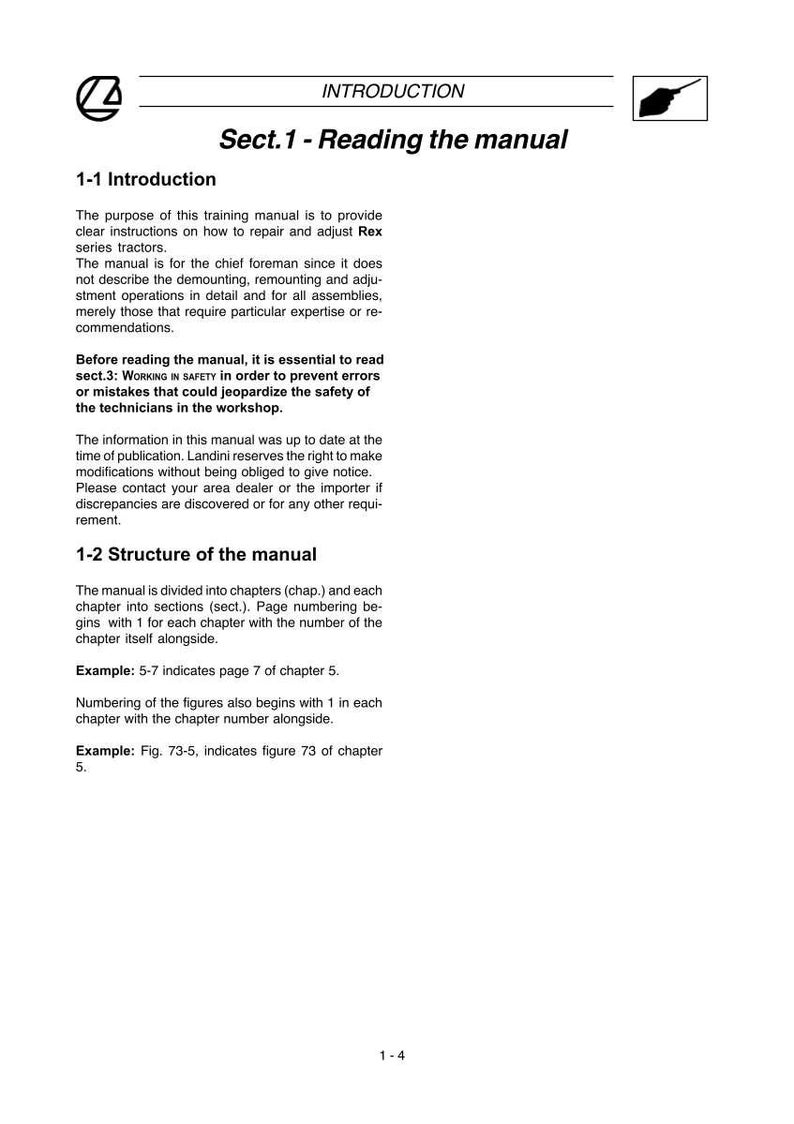 Op de afbeelding: Een pagina uit een handleiding met de titels "Introduction" en "Sect. 1 - Reading the manual." De tekst legt het doel van de handleiding, de structuur en veiligheidsinstructies voor Rex-tractoren uit. Voorbeelden van paginanummering zijn opgenomen.