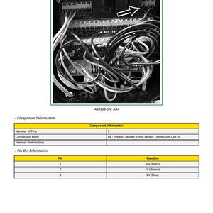 May include: Image of a product blower sensor connection, labeled XA4, with multiple wires and connectors. The image includes a table with component information, including the number of pins (3) and connection point (A4). The pin-out information lists functions like SIG (Black), +V (Brown), and OV (Blue).