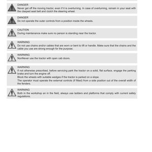 May include: A safety manual page with the Argo Tractors logo. The page contains safety warnings and instructions, including risk of crushing, dangers, cautions, and warnings about tractor operation and maintenance.