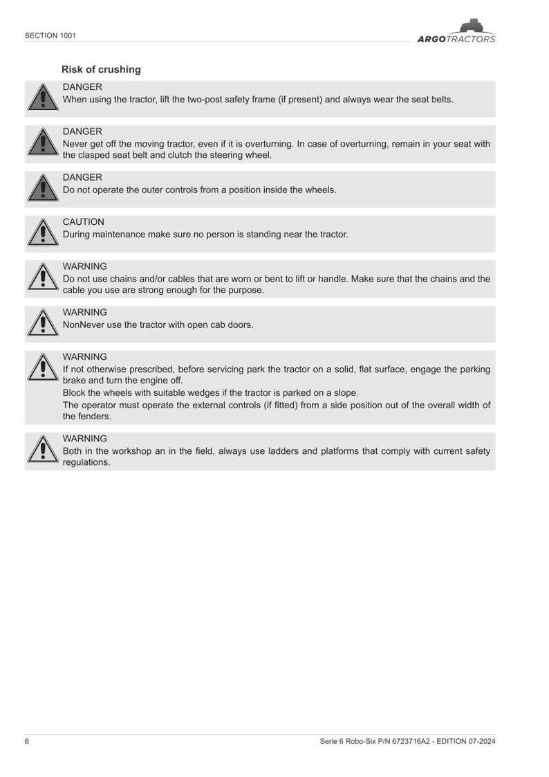 May include: A safety manual page with the Argo Tractors logo. The page contains safety warnings and instructions, including risk of crushing, dangers, cautions, and warnings about tractor operation and maintenance.