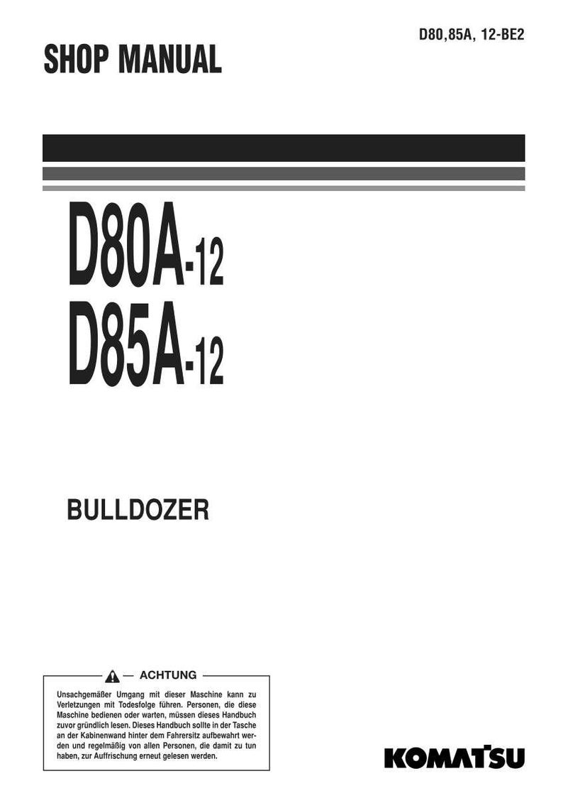 May include: Shop manual for D80A-12 and D85A-12 bulldozers. The cover is white with black text, including the Komatsu logo. The manual includes a warning about safe operation.
