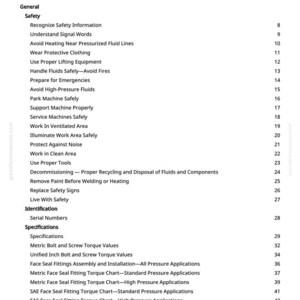May include: A printed page titled "Table of Contents" from a manual. The table lists safety information, including topics like "Avoid Heating Near Pressurised Fluid Lines" and "Wear Protective Clothing."