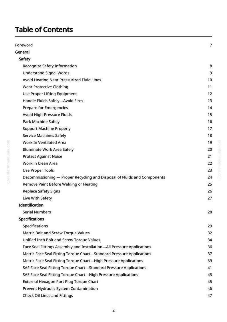 May include: A printed page titled "Table of Contents" from a manual. The table lists safety information, including topics like "Avoid Heating Near Pressurised Fluid Lines" and "Wear Protective Clothing."