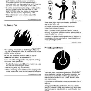 May include: A safety information sheet with illustrations. The sheet includes warnings about fire, protective clothing, and noise protection. The illustrations show flames, a person wearing protective gear, and a person wearing headphones.