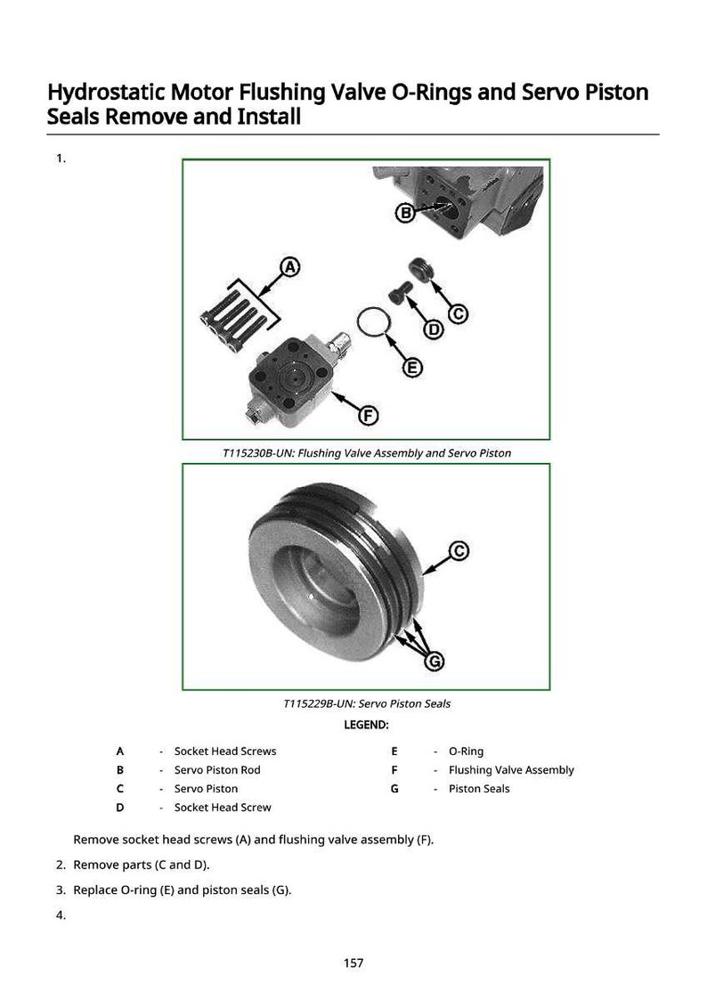 Puede incluir: Diagrama que ilustra la extracci&oacute;n e instalaci&oacute;n de juntas t&oacute;ricas de la v&aacute;lvula de descarga del motor hidrost&aacute;tico y de los retenes del pist&oacute;n servo. Incluye componentes etiquetados como tornillos de cabeza hueca, varilla del pist&oacute;n servo y juntas t&oacute;ricas.
