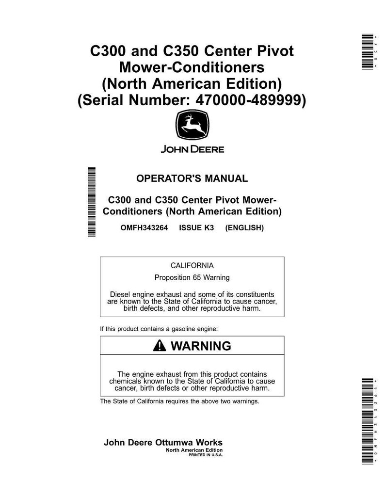 Może przedstawiać: Biała instrukcja obsługi dla C300 i C350 Center Pivot Mower-Conditioners, North American Edition, firmy John Deere. Zawiera ostrzeżenie Kalifornijskiej Propozycji 65.