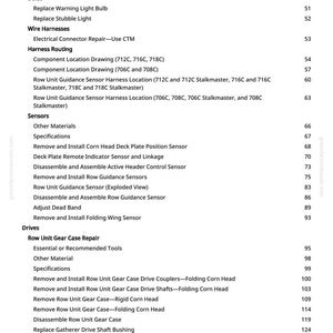 May include: A manual page showing a table of contents. Sections include Fuels and Lubricants, Electrical, Wire Harnesses, Harness Routing, Sensors, and Drives. Page numbers are on the right-hand side.
