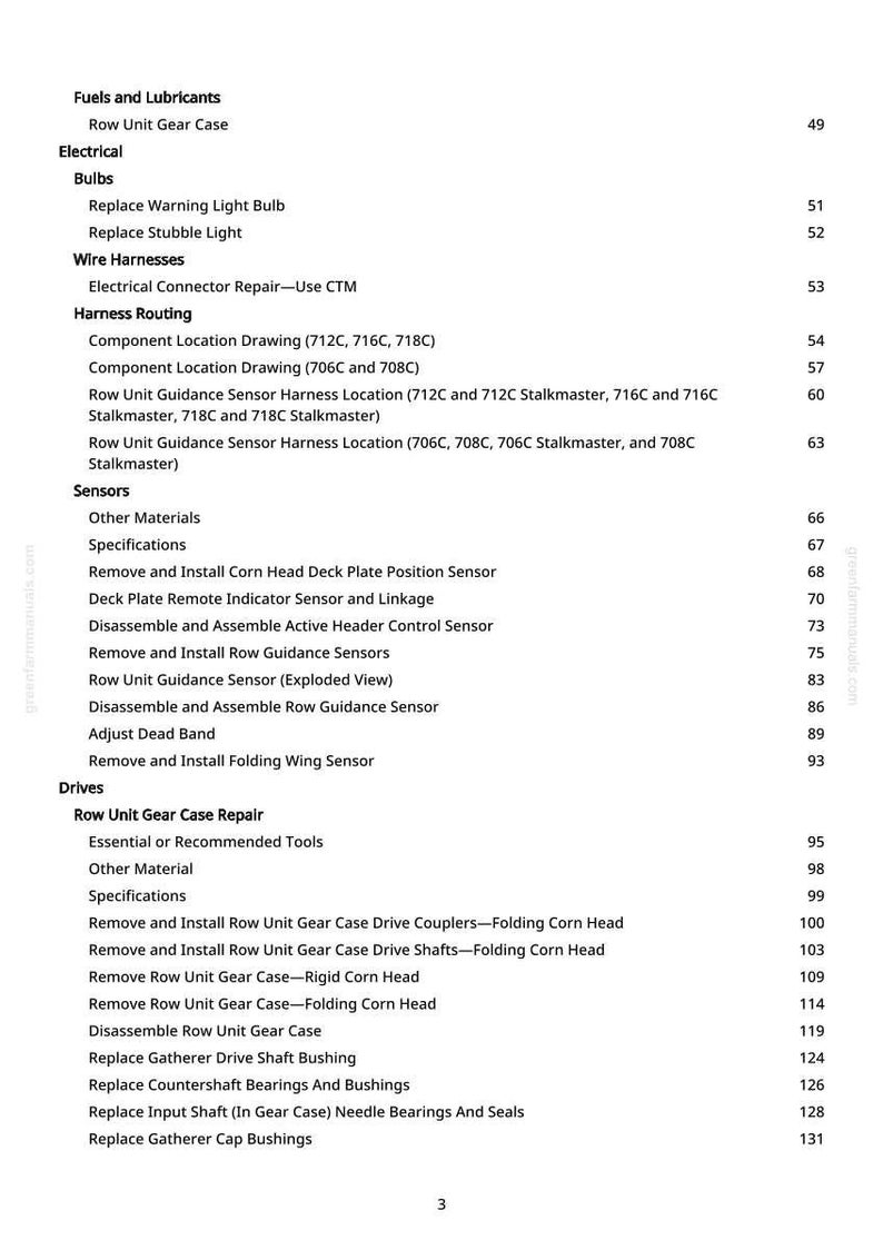 May include: A manual page showing a table of contents. Sections include Fuels and Lubricants, Electrical, Wire Harnesses, Harness Routing, Sensors, and Drives. Page numbers are on the right-hand side.