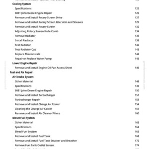 May include: A page from a manual with a list of John Deere engine repair procedures. The text includes sections on cooling, fuel, air, and electrical systems, with page numbers on the right.