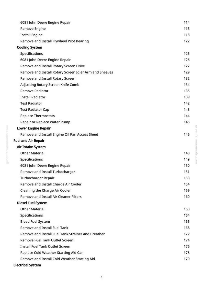 May include: A page from a manual with a list of John Deere engine repair procedures. The text includes sections on cooling, fuel, air, and electrical systems, with page numbers on the right.