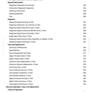 May include: A page from a manual with a table of contents for V-Twin engine operation, tests, and adjustments. The text includes sections on diagnosis, tests, and electrical operation.