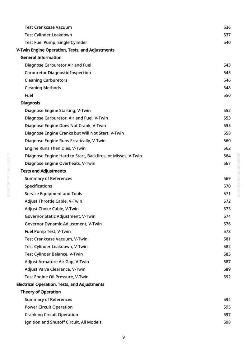 May include: A page from a manual with a table of contents for V-Twin engine operation, tests, and adjustments. The text includes sections on diagnosis, tests, and electrical operation.